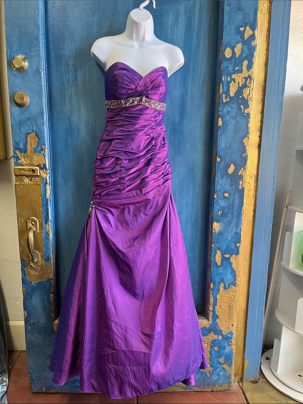 Night Moves Strapless Purple Taffeta Gown with Beaded Waist